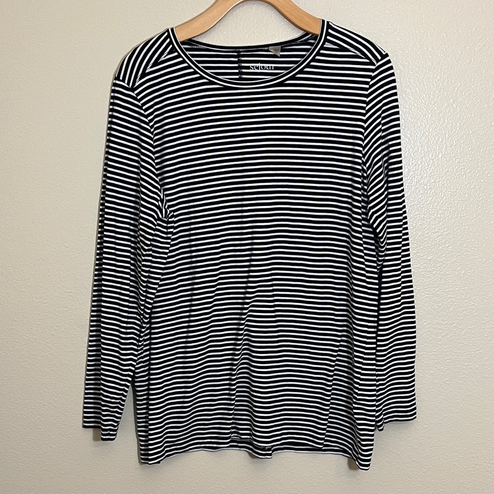 Sejour Black White Crewneck Striped Long Sleeve Shirt
